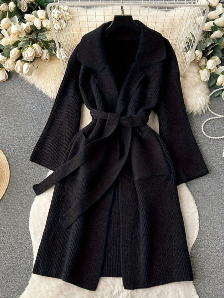 Catrina Winter Shrug With Belt In Black - flat-lay product shot on hanger - Miss Mosa By Akanksha
