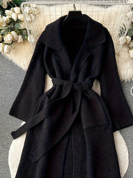 Catrina Winter Shrug With Belt In Black - flat-lay product shot on hanger - Miss Mosa By Akanksha