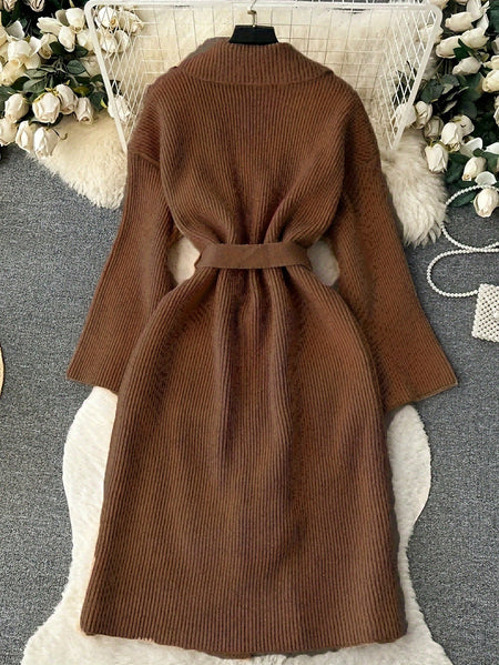 Catrina Winter Shrug With Belt In Brown - back flat-lay product shot on hanger - Miss Mosa By Akanksha