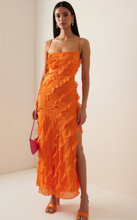 Caynne Ruffled Maxi Dress In Orange - full-length front shot on model - Miss Mosa By Akanksha