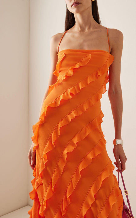 Caynne Ruffled Maxi Dress In Orange - front close-up shot on model showing ruffle detail - Miss Mosa By Akanksha