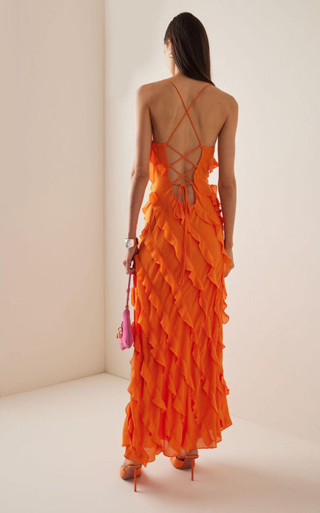 Caynne Ruffled Maxi Dress In Orange - back shot on model showing lace-up tie - Miss Mosa By Akanksha