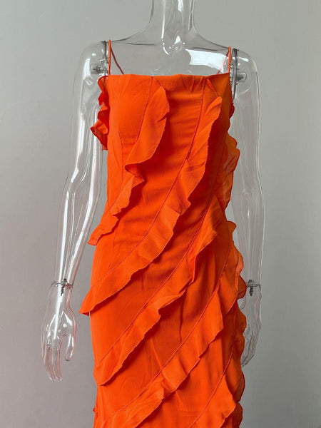 Caynne Ruffled Maxi Dress In Orange - front shot on mannequin - Miss Mosa By Akanksha