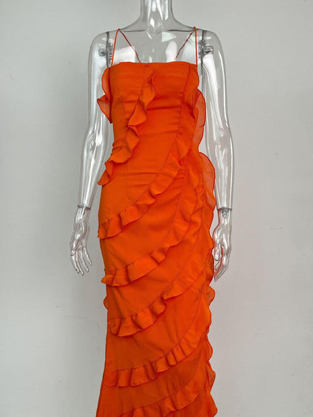Caynne Ruffled Maxi Dress In Orange - front shot on mannequin - Miss Mosa By Akanksha