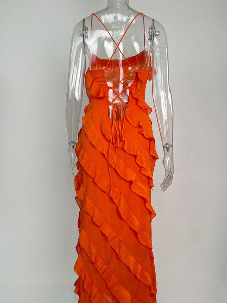 Caynne Ruffled Maxi Dress In Orange - back shot on mannequin showing lace-up tie - Miss Mosa By Akanksha