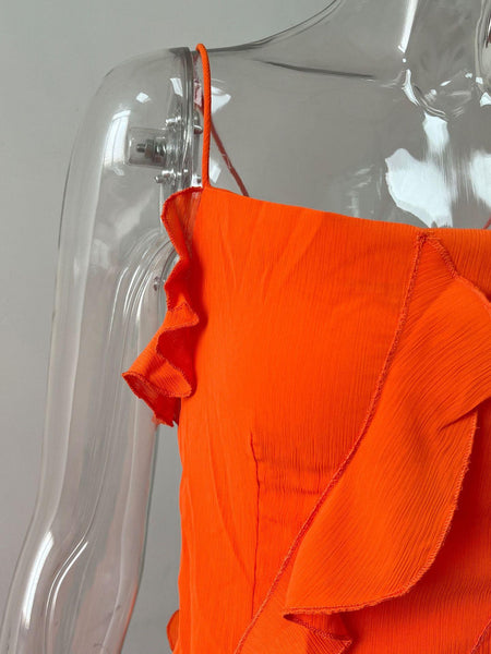 Caynne Ruffled Maxi Dress In Orange - close-up shot of strap and ruffle detail on mannequin - Miss Mosa By Akanksha