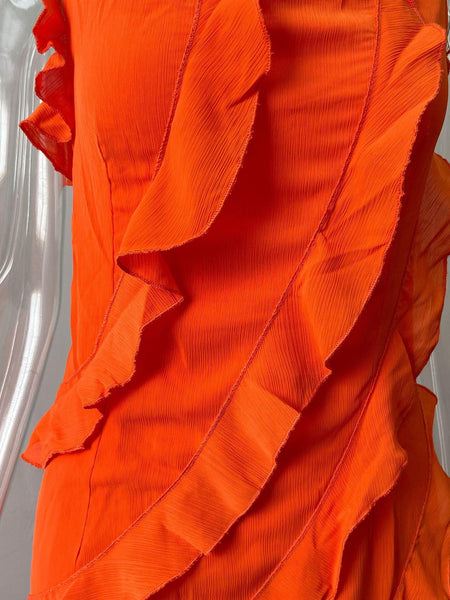 Caynne Ruffled Maxi Dress In Orange - close-up shot of ruffle detail on mannequin - Miss Mosa By Akanksha