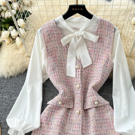 Celes Mini Tweed Dress With Shirt - close-up of fabric detail, pink tweed - Miss Mosa By Akanksha