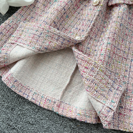 Celes Mini Tweed Dress With Shirt - close-up of fabric detail, pink tweed - Miss Mosa By Akanksha