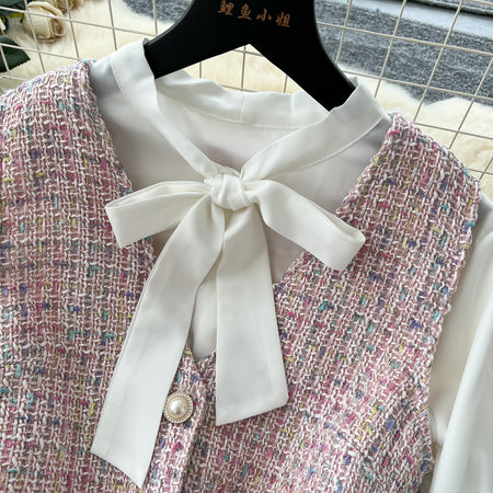 Celes Mini Tweed Dress With Shirt - close-up of collar detail, pink tweed and white - Miss Mosa By Akanksha
