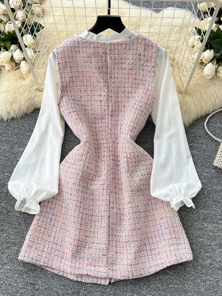 Celes Mini Tweed Dress With Shirt - back flat-lay product shot, pink tweed and white - Miss Mosa By Akanksha