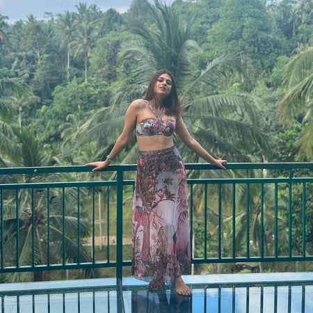 Celestial swimsuit with Skirt In Multicolour - front shot on model, multicolour - Miss Mosa By Akanksha