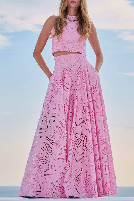 Celine Eyelet Summer Coord Set - front shot on model, pink - Miss Mosa By Akanksha
