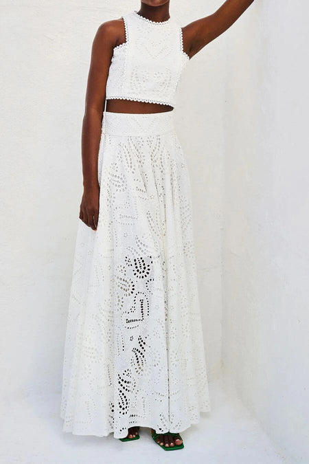 Celine Eyelet Summer Coord Set - side shot on model, white - Miss Mosa By Akanksha