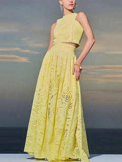 Celine Eyelet Summer Coord Set - front shot on model outdoors, yellow - Miss Mosa By Akanksha