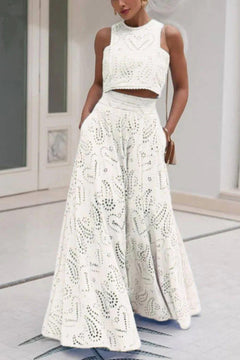 Celine Eyelet Summer Coord Set - full-length front shot on model, white - Miss Mosa By Akanksha
