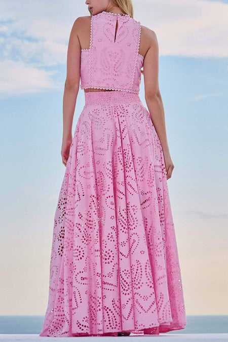 Celine Eyelet Summer Coord Set - back shot on model outdoors, pink - Miss Mosa By Akanksha