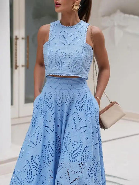 Celine Eyelet Summer Coord Set - front shot on model, blue - Miss Mosa By Akanksha
