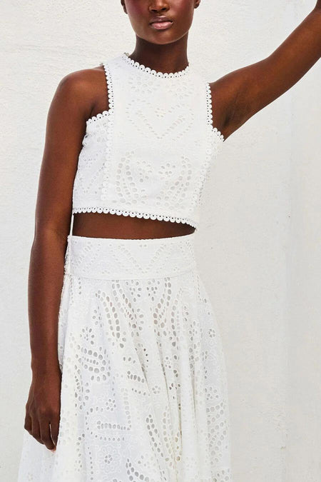 Celine Eyelet Summer Coord Set - close-up of crop top and waistband, white - Miss Mosa By Akanksha