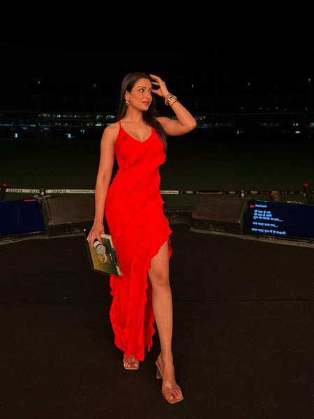 Celosia Ruffled Maxi Dress - full-length front shot on model outdoors, red - Miss Mosa By Akanksha
