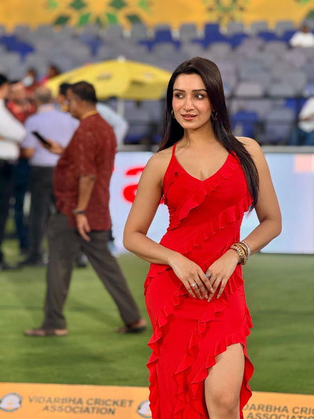Celosia Ruffled Maxi Dress - front shot on model outdoors, red - Miss Mosa By Akanksha
