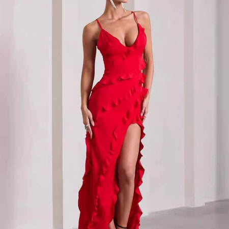 Celosia Ruffled Maxi Dress - full-length front shot on model, red - Miss Mosa By Akanksha