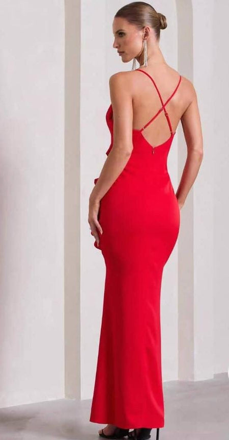 Celosia Ruffled Maxi Dress - back shot on model, red - Miss Mosa By Akanksha