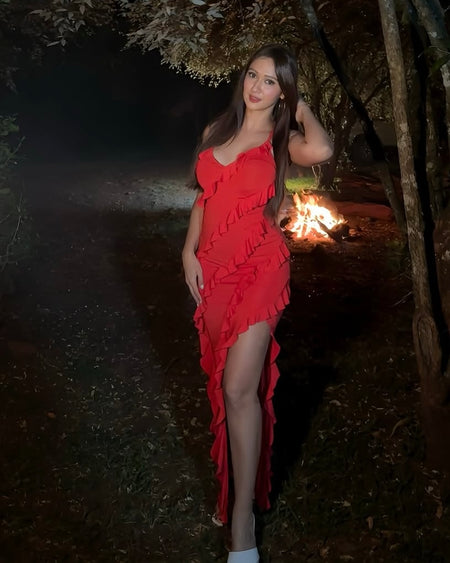 Celosia Ruffled Maxi Dress - full-length front shot on model outdoors, red - Miss Mosa By Akanksha