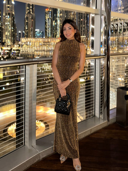 Cerai Halterneck Sequined Party Dress in Gold - full-length styling shot on model - Miss Mosa By Akanksha