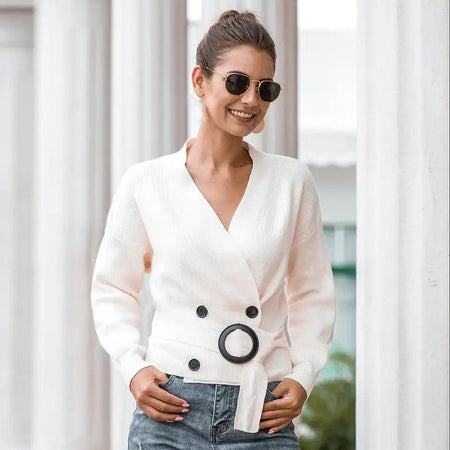 Cest La Vie Belted Sweaters - lifestyle shot on model, white - Miss Mosa By Akanksha