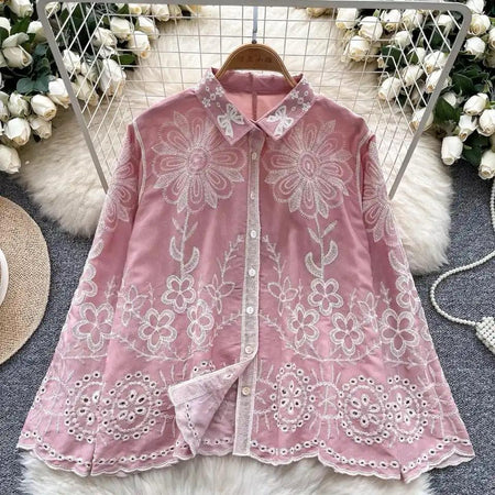 Cevia Premium Embroidered Cotton Shirt - flat-lay product shot on hanger, pink - Miss Mosa By Akanksha