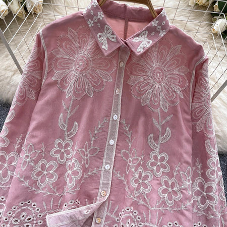 Cevia Premium Embroidered Cotton Shirt - close-up of collar and front embroidery detail, pink - Miss Mosa By Akanksha