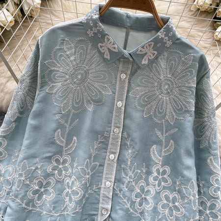 Cevia Premium Embroidered Cotton Shirt - close-up of collar and front embroidery detail, sage green - Miss Mosa By Akanksha