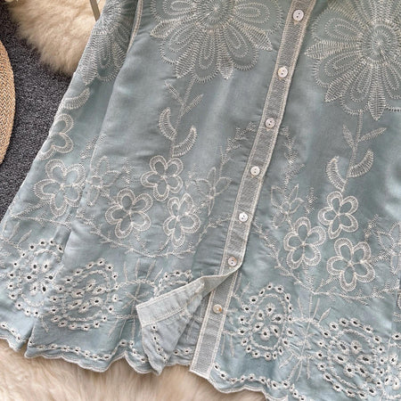 Cevia Premium Embroidered Cotton Shirt - close-up of hem embroidery detail, sage green - Miss Mosa By Akanksha