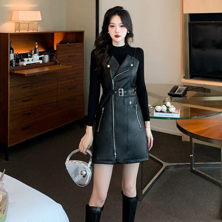 Champel PU Leather Dress in Black - full-length shot on model, black - Miss Mosa By Akanksha