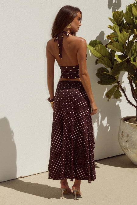 Charlie Polka Cowl Coord Skirt Set - back shot, burgundy with cream polka dots - Miss Mosa By Akanksha