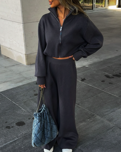 Charlin Premium Winter Coord Set - three-quarter front shot, dark charcoal grey - Miss Mosa By Akanksha