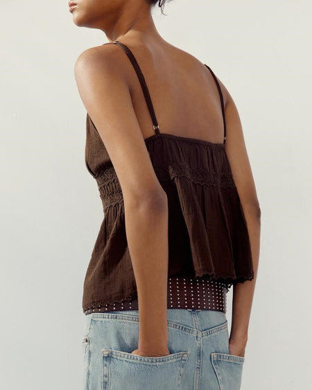 Charlotte Lace Summer Top - back detail shot, dark brown - Miss Mosa By Akanksha