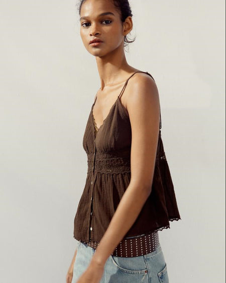 Charlotte Lace Summer Top - side shot, dark brown - Miss Mosa By Akanksha