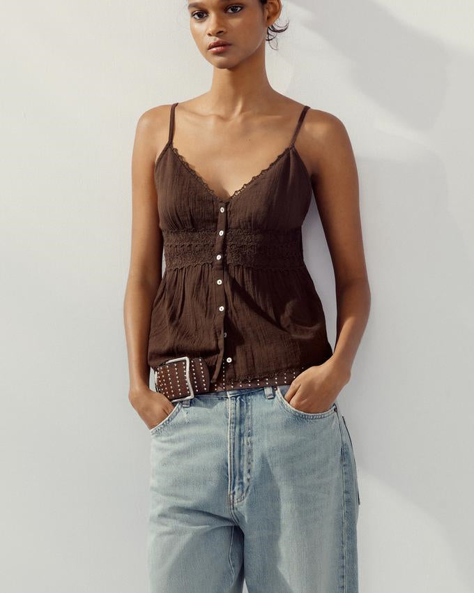 ANDMARY helen lacey tops Hm Lace Trimmed Strappy Top Beige