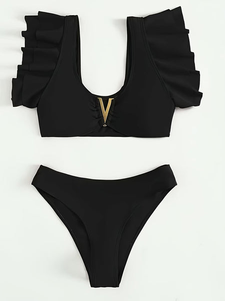 Charlotte Ruffle Bikini Swimsuit - flat-lay set shot, black - Miss Mosa By Akanksha