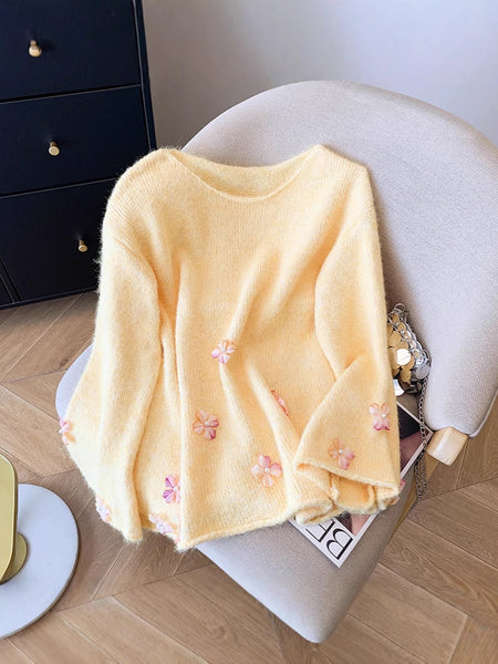 Chiara Floral Oversized Sweater In Yellow - flat-lay product shot on chair - Miss Mosa By Akanksha