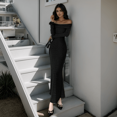 Chicca Off Shoulder Bodycon Evening Dress - full-length shot on model, black - Miss Mosa By Akanksha