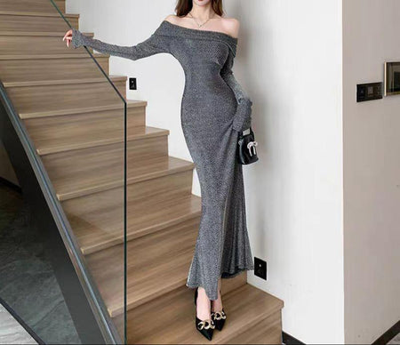 Chicca Off Shoulder Bodycon Evening Dress - full-length shot on model, grey - Miss Mosa By Akanksha