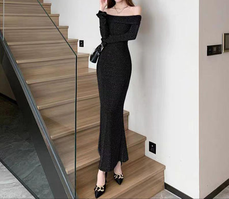 Chicca Off Shoulder Bodycon Evening Dress - full-length shot on model, black - Miss Mosa By Akanksha