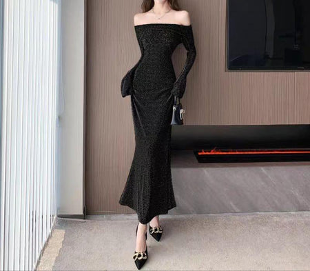 Chicca Off Shoulder Bodycon Evening Dress - full-length shot on model, black - Miss Mosa By Akanksha