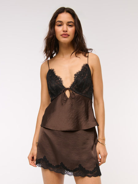 Chika Lace Summer Top - front shot on model, brown with black lace - Miss Mosa By Akanksha