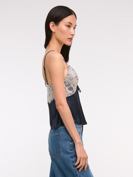 Chika Lace Summer Top - side shot on model, navy with cream lace - Miss Mosa By Akanksha