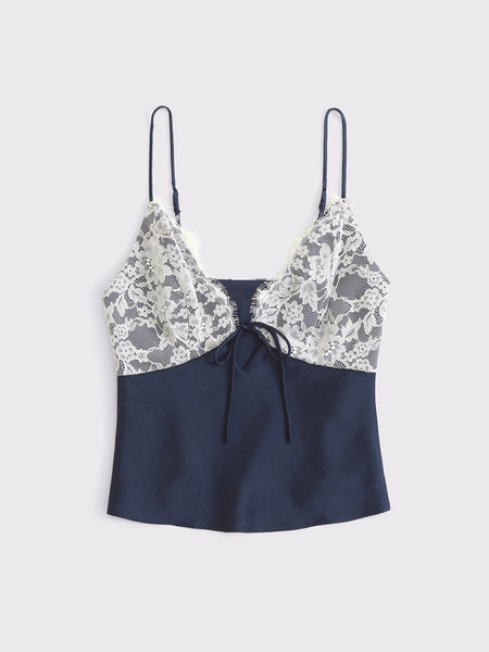 Chika Lace Summer Top - flat product shot, navy with cream lace - Miss Mosa By Akanksha
