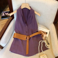 Chile Halterneck Top With Belt - flat-lay shot, purple - Miss Mosa By Akanksha
